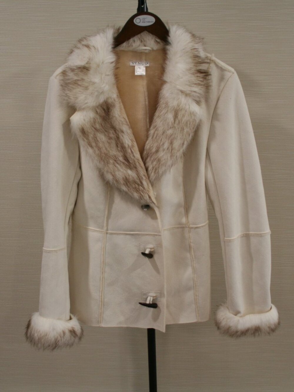 Venus Cream Faux Suede Sherpa Jacket with Faux Fur, Size L